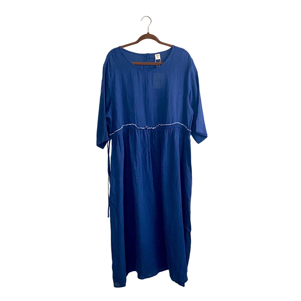 Lintico 100% Linen Maxi Dress NWT Blue XXL Plus Size 3/4 Sleeve Back Button